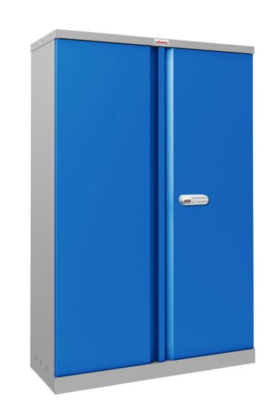 Phoenix SCL-serie stalen opbergkast met 2 deuren en 3 planken, grijze behuizing en blauwe deuren met elektronisch slot, SCL1491GBE