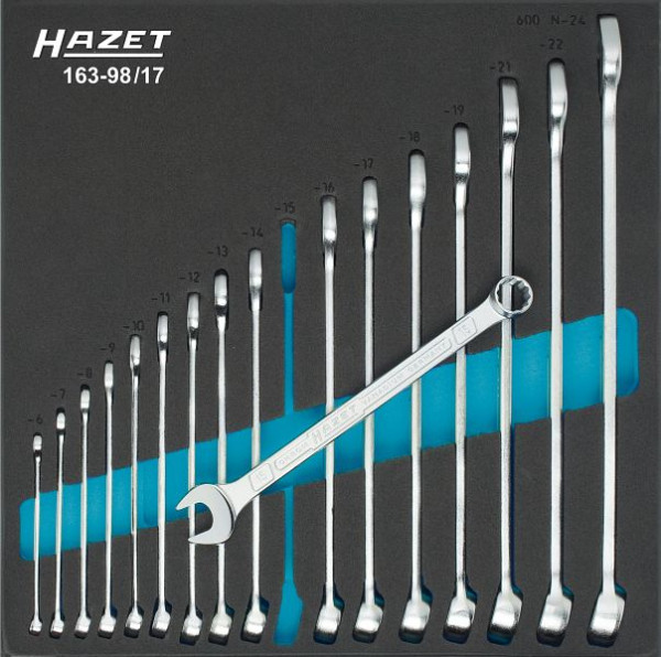 Hazet ringsleutelset, uitwendig dubbel zeskant trekprofiel, 6 - 24, aantal gereedschappen: 17, 163-98/17