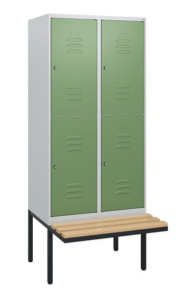 C+P dubbeldekkerkast Classic PLUS, 2 vakken, 1950x800x815mm, 7035/6011, cilindersloten, beukenhouten zitlatten, zitting, 0803405-22 S10036