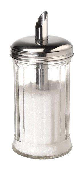APS suikerdispenser, Ø 7,5 cm, hoogte: 17 cm, 320 ml, glazen container, roestvrijstalen schroefdeksel, met doseerbuisje, 40506
