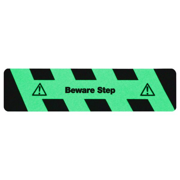 m2 antislipbekleding lichtgevend zwart/groen met tekst "Beware Step" strepen 150x610mm, M1X3E150610