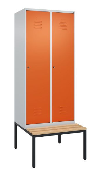C+P luierkastje Classic PLUS met middenwand, bank, 2 vakken, 2120x800x815mm, 7035/2004, cilindersloten, beuken zitlat, 0800507-22F S10120