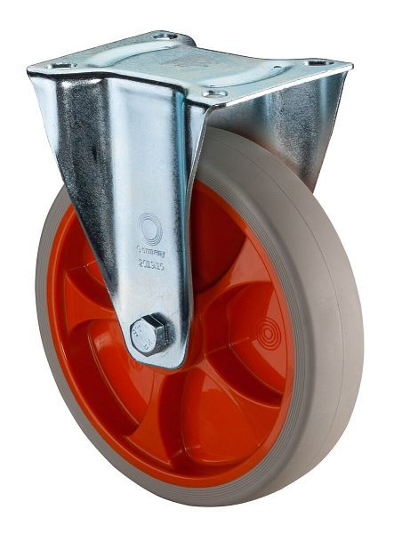 BS rollen transportrol vaste rol, thermoplastisch rubber wiel, oranje velg, lichtgrijze band, rollager, plaat, diameter: 200 mm, L410.B44.201.02