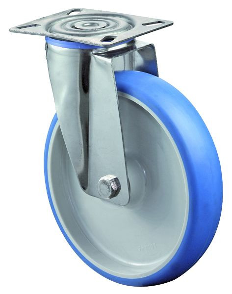 BS rollen RVS transportrol, breedte 50 mm, Ø200 mm, tot 200 kg, loopvlak polyurethaan blauw, wiellichaam kunststof, glijlager, plaat, H100.B32.200