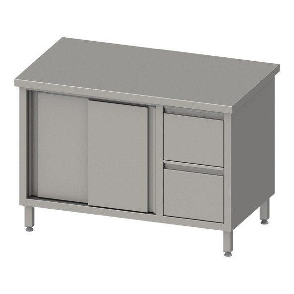 Stalgast werkkast met schuifdeuren 2000x700x850mm, met 2 ladeblok rechts, zonder opstand, gelast, VAS20704R