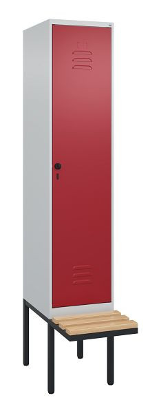 C+P Umkleidespind Classic PLUS, 2120x400x815mm, 7035/3003, Drehriegel, Buche-Sitzleisten, je 2 Doppel-Haken, 0800407-12F S10001