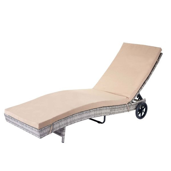Mendler HWC-D80 ligstoel, tuinligstoel, relaxligstoel, polyrotan, grijs, beige kussens, 64458