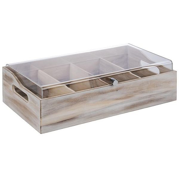APS bestekbak met deksel, 51 x 28 cm, hoogte: 14,5 cm, acaciahout, wit, acryldeksel, 4 vakken, elk: 26 x 11,5 cm, 11948