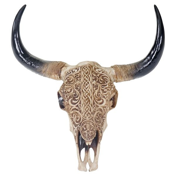Mendler decoratie schedel 65cm HWC-T454, polyresin stier longhorn hoofd trofee met tribal, binnen/buiten, 57014