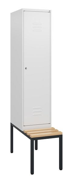 C+P Umkleidespind Classic PLUS, mit untergebauter Sitzbank, 1950x400x815mm, 9016/9016, Zylinderschloss, Buche-Sitzleisten, 0800505-12 S10029