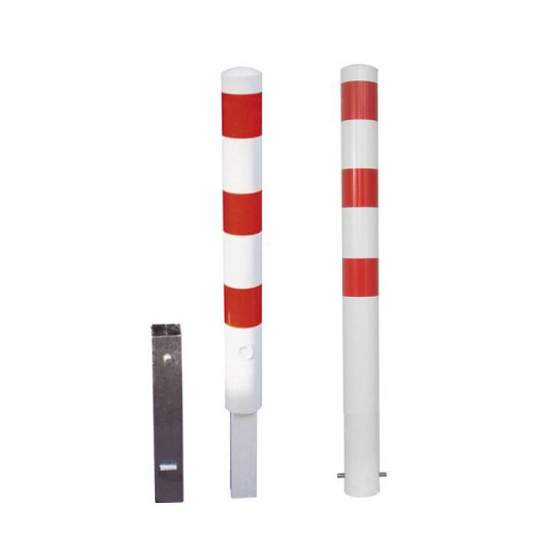 Stone HGS afzetpaal -Bollard-, met driehoekslot, bodemsluiting, wit gecoat met 3 roodlichtstrips, 1 oog, ronde buis Ø 108 mm, 493fb-1