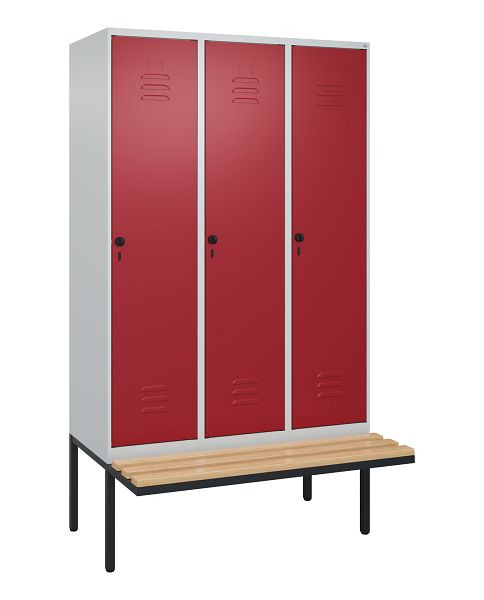 C+P Umkleidespind Classic PLUS, 3 Abteile, 2120x1200x815mm, 7035/3003, Drehriegel, Buche-Sitzleisten, 0800407-32 S10001