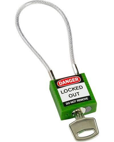 Brady compact veiligheidsslot, verschillend sleutelverdeling, met kabelbeugel 200 mm, groen, 244332
