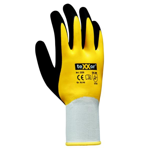 teXXor polyester gebreide handschoenen LATEX, maat: 10, kleur: wit/geel/zwart, verpakking: 120 paar, 2226-10