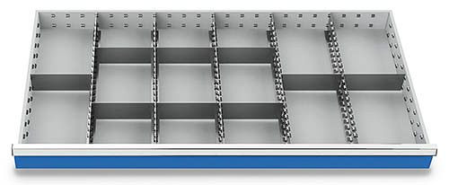 Bedrunka + Hirth metalen verdelerset 14 delig, R 48-24, bruikbare lade afmetingen 1200 x 600 mm, paneelhoogte 75 mm, afmetingen in mm (BxDxH): 1200 x 600 x 75, 185BLH75