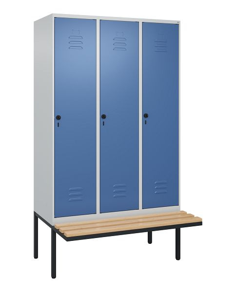 C+P Umkleidespind Classic PLUS, 3 Abteile, 2120x1200x815mm, 7035/5023, Drehriegel, Buche-Sitzleisten, 0800407-32 S10005
