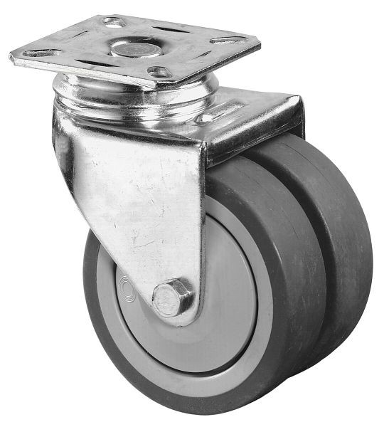 BS rollenapparaat dubbele rol, wielbreedte 2x24 mm, wiel-Ø 75 mm, draagvermogen 80 kg, grijs rubber, kogellager, plaat, VE 4 stuks, B100.A85.075