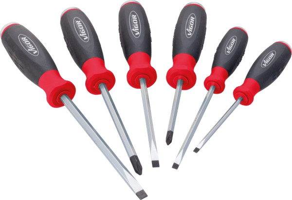 VIGOR-schroevendraaierset met slagkap, sleufprofiel, kruiskopprofiel PH, 0,6 x 3,5 - 1,2 x 6,5, PH1 - PH2, aantal gereedschappen: 6, V3562