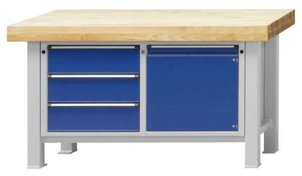 ANKE zware werkbank; 1500x800 mm; RAL 7035/5010; Beuk massieve plaat; Links 3 laden 180 mm; Rechts 1 deur 540 mm