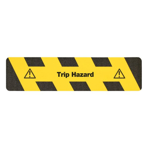 m2 antislip bekleding waarschuwingsmarkering zwart/gele tekst "Trip Hazard" strepen 150x610mm, M12E150610