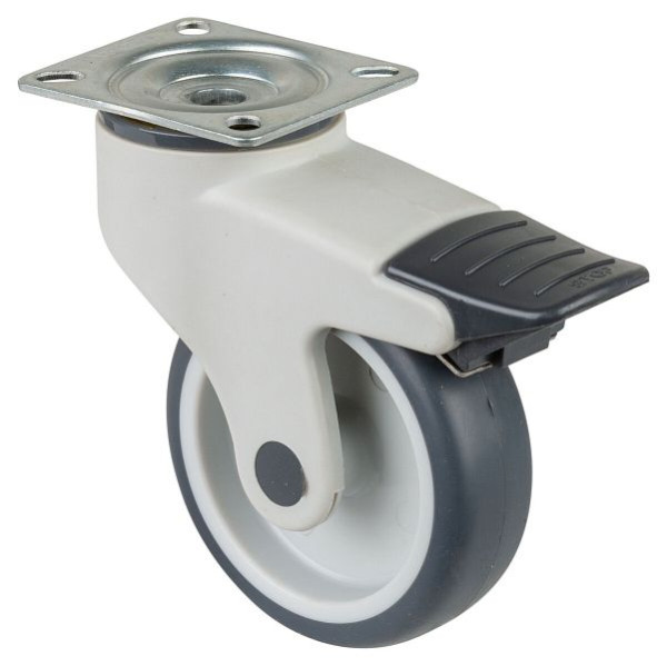 BS-rollen Kunststofrol met rem, breedte 32 mm, Ø100 mm, tot 100 kg, grijs rubberen loopvlak, glijlager, plaat, VE = 2 stuks, C120.A81.100