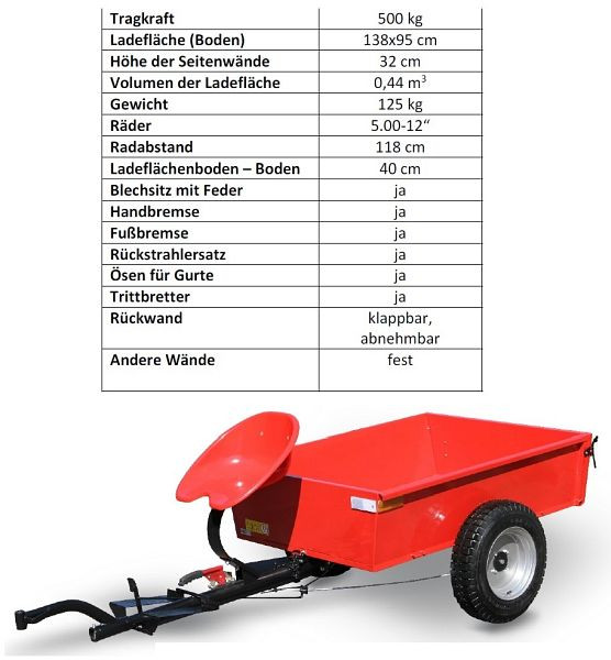 Maximaal laadvermogen PowerPac-aanhanger 500 kg voor MF17, MAK17HV500 / 5