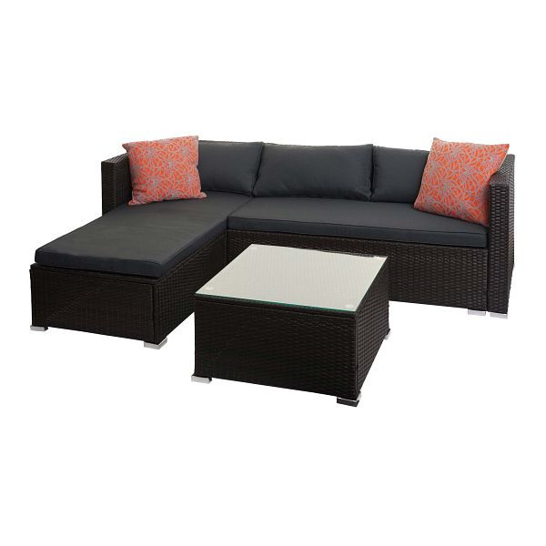 Mendler poly rattan set HWC-F57, balkon-/tuin-/loungeset, sofa, bruin, donkergrijze kussens met sierkussens, 76129+76130+2x51880