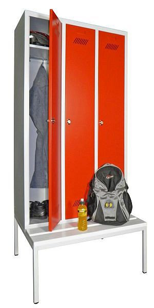 Pavoy Kleiderschrank mit Sitzbank 2150/500/900, 3 Abteile, Drehriegelverschluss, Abteilbreite 300, PVC-Leisten, 60212-313-032-910