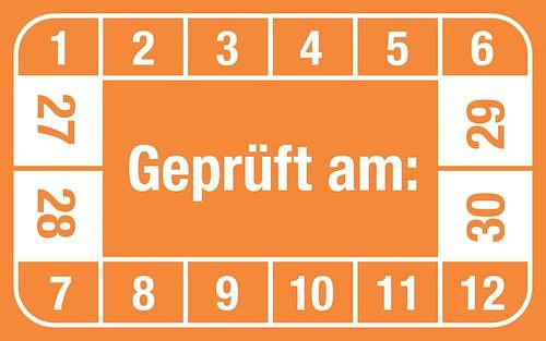 DENIOS teststicker "Getest op", 27 - 30, oranje, folie, zelfklevend, 40 x 25 mm, verpakking: 5 vellen à 12 stuks, 290198