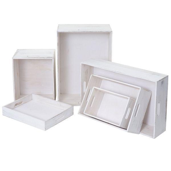 Mendler Set van 6 houten kisten HWC-C20, decoratieve opbergkist houten opbergkist, shabby look vintage, wit shabby, 61122