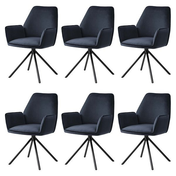 Mendler HWC-G67 set van 6 eetkamerstoelen, armleuningen keukenstoel, draaibare auto-position, fluweel, antracietblauw, zwarte poten, 6x75730
