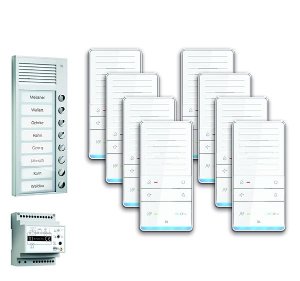 TCS deurbediening audio: pack AP voor 8 woonunits, met buitenstation PAK 8 belknoppen, 8x handsfree luidspreker ISW5031, bedieningsunit BVS20, PAAF081 / 001