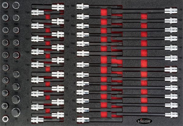 VIGOR schroefbitset, 5 - 19, T20 - T70, aantal gereedschappen: 62, aandrijving: vierkant, hol 12,5 mm (1/2 inch), V4727