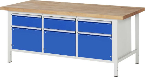 RAU werkbank serie 8000 - frameconstructie (gelast frame), drievoudige onderbak (3x lade, 3x draaideur), 2000x840x900 mm, 03-8567A2-209B4S.11