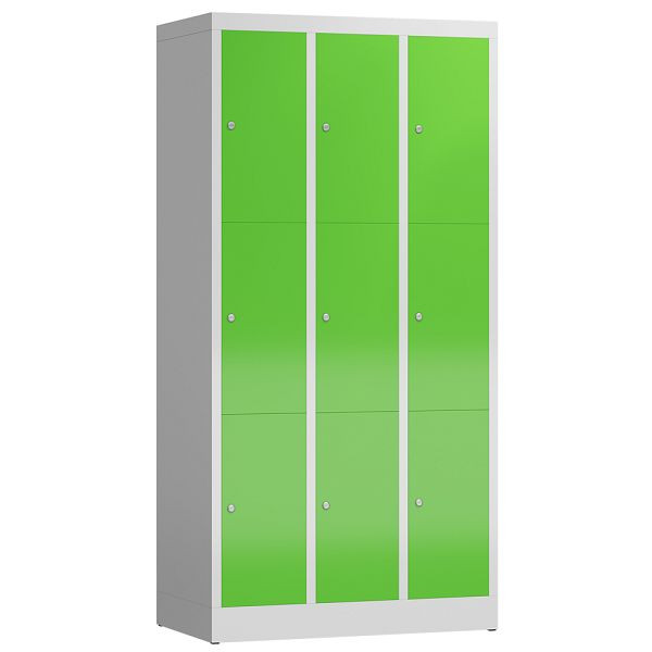 Lüllmann ClassiX lockerkast, 3 compartimenten met elk 3 compartimenten, 1800 x 870 x 500 mm, lichtgrijs/geelgroen, X-520335