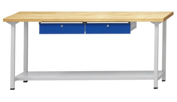 ANKE werktafel; 2000x800 mm; RAL 7035/5010; 2xHängeschublade; 1x legbord van plaatstaal, 600 mm diep