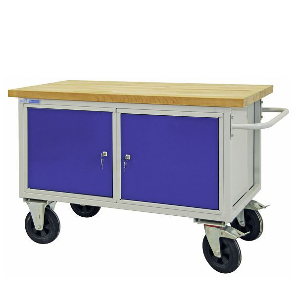 ADB verrijdbare werkbank "type tafelwagen" met 2 deuren, 840x1300x600 mm, kleur tafelwagen: lichtgrijs, RAL 7035, kleur deur/laden: lichtblauw (RAL 5012), 42744