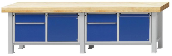 ANKE zware werkbank; 3000x800 mm; RAL 7035/5010; Beuk massieve plaat; Links 2 laden 180, 360 mm; Rechts 1 deur 540 mm