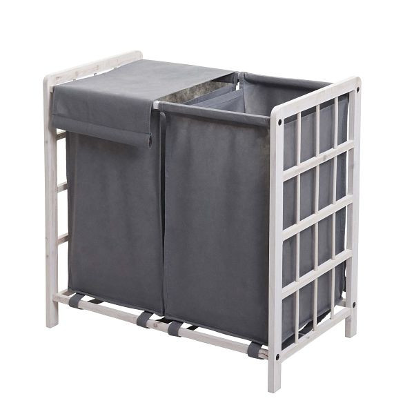 Mendler wasmand HWC-B60, Wasmand, massief hout 2 vakken 60x60x33cm 68l, shabby white, grijze hoes, 75537