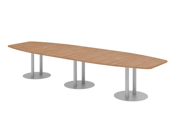 Hammerbacher vergadertafel KT40S, 400 x 130 cm, blad: walnoot, 25 mm dik, met drie zilveren kolompoten, 7,6/70 cm, werkhoogte 74 cm, VKT40S/N/S