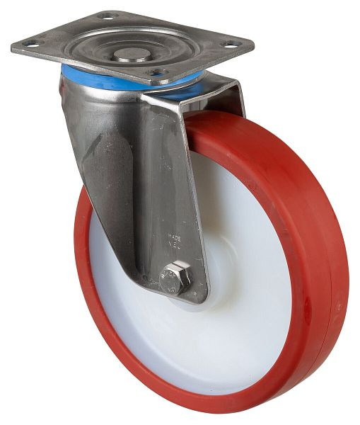 BS rollen RVS zwaarlastwiel zwenkwiel, RVS, wiel rood polyurethaan, glijlager, schroefplaat, diameter 200 mm, HS100.B27.201