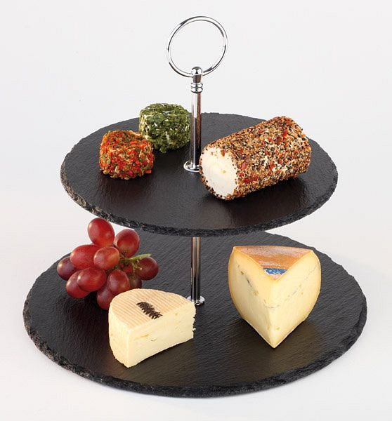 APS 2-laags etagère, Ø 25 / 20 cm, hoogte: 24 cm, natuurleisteen, verchroomd metaal, materiaaldikte 4-7mm, 00989