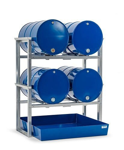 DENIOS vatenrek voor 4 vaten van elk 200 liter, met stalen bak, 1429 x 1210 x 1637 mm, 291-784