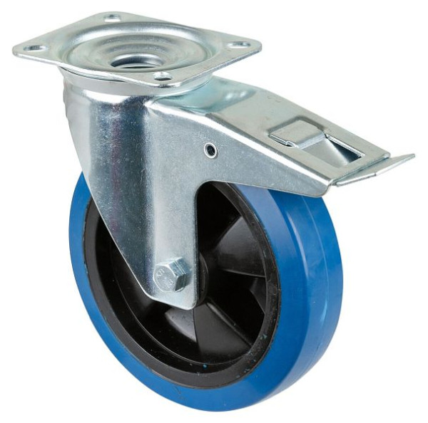 BS rollen transportrol met rem, breedte 50 mm, Ø200 mm, tot 300 kg, blauwe elastische banden, kunststof wiellichaam, kogellagers, L420.B62.201