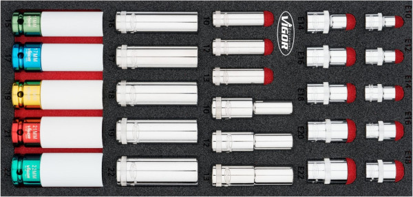 VIGOR dopsleutelset, 10 - 22, E10 - E22, aantal gereedschappen: 26, V7323