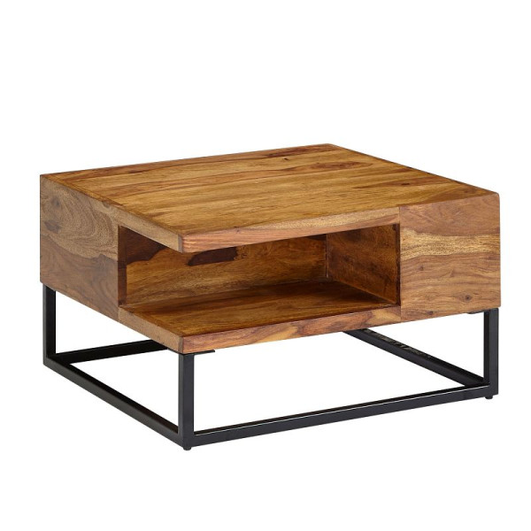 Wohnling salontafel 60x60x34,5 cm sheesham massief hout/metaal banktafel vierkant, woonkamertafel met opbergruimte, massieve salontafel, WL6.535
