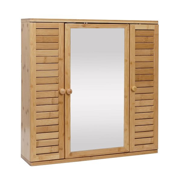 Mendler spiegelkast HWC-B18, badkamer spiegelkast wandkast, 3 planken 3 deuren bamboe spiegel 60x60x15cm, 86302