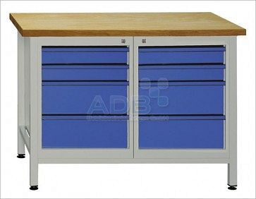 ADB werkbank 8 laden, afmetingen: 1200x600x840mm (BxDxH), kleur werkblad: grijs, RAL 7035, kleur lade/deur: lichtblauw (RAL 5012), 41932