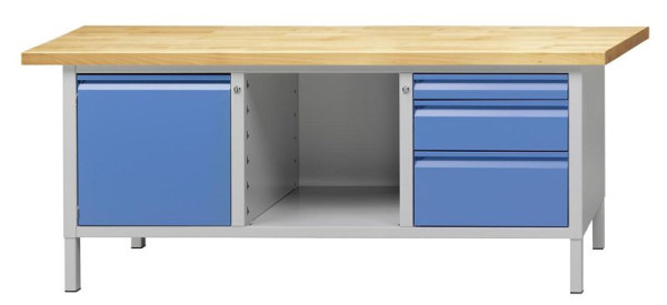 ANKE kastwerkbank; 2000x700mm; RAL 7035/5012; Links 1 deur 510 mm; Middenvak open; Rechts 3 laden 85.170.255 mm