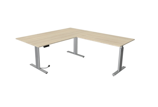 Kerkmann Move 3 zit-statafel zilver B 2000 x D 1000 mm met aanbouwelement 1200 x 800 mm, esdoorn, 10235750